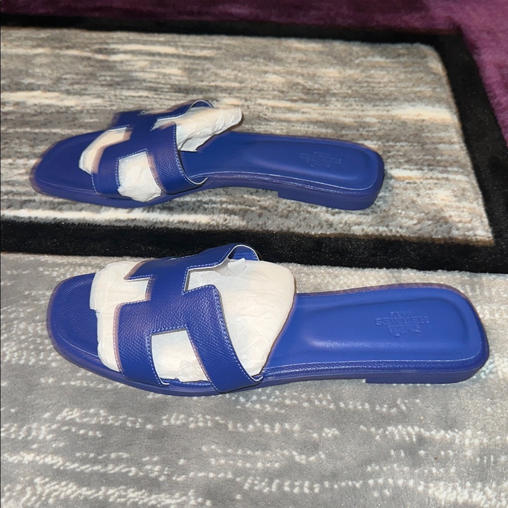 Blue Leather Slide Sandals - Picture 2 of 8